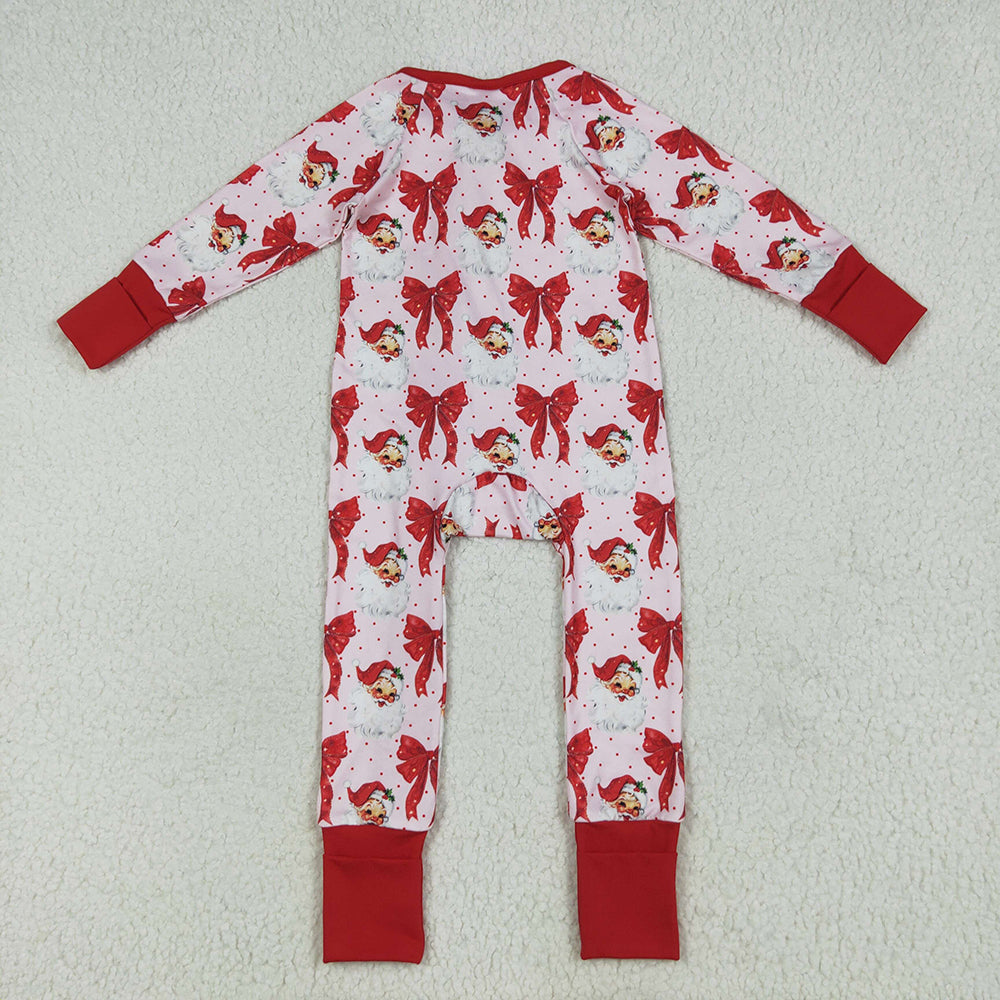 LR2223 Santa Red Bows Print Baby Girls Christmas Zipper Sleeper Romper