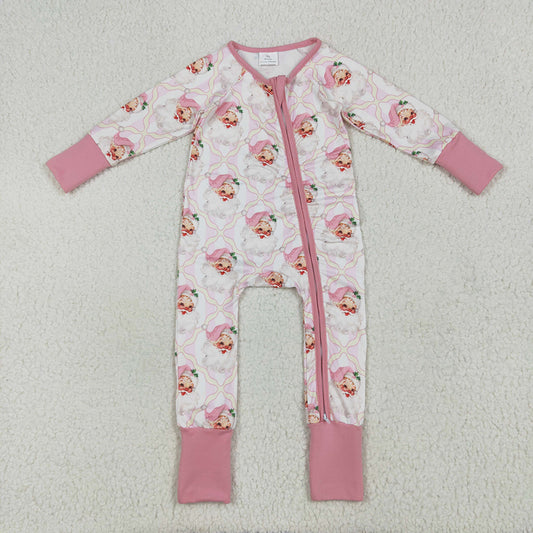 LR2224 Santa Pink Print Baby Girls Christmas Zipper Sleeper Romper