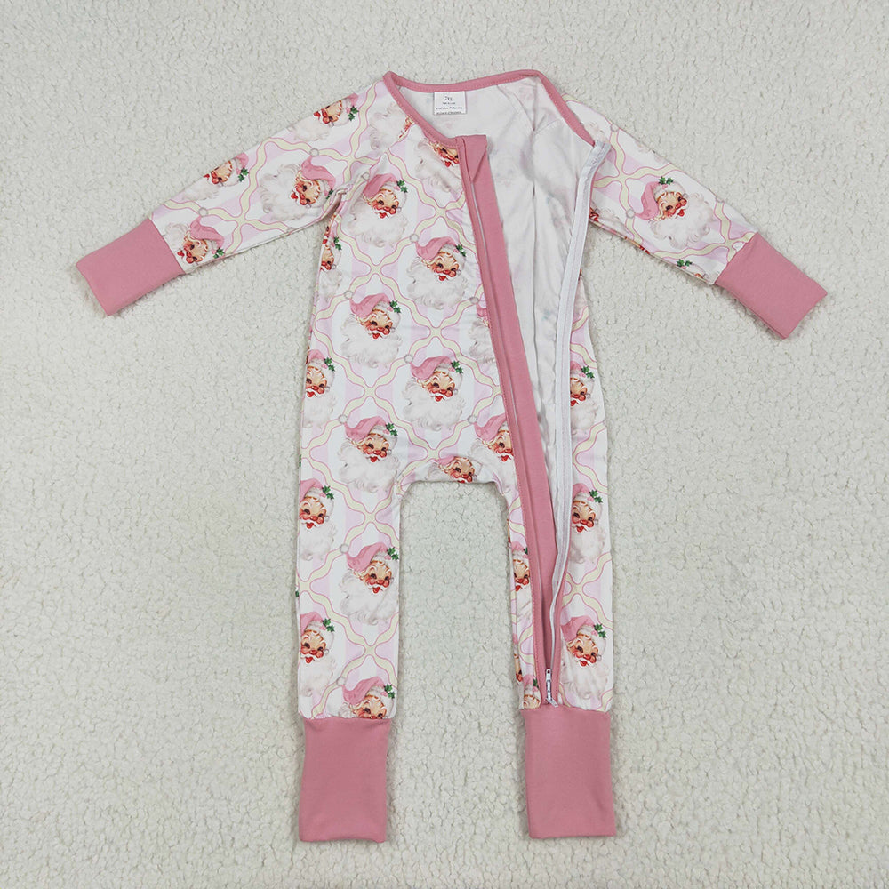 LR2224 Santa Pink Print Baby Girls Christmas Zipper Sleeper Romper