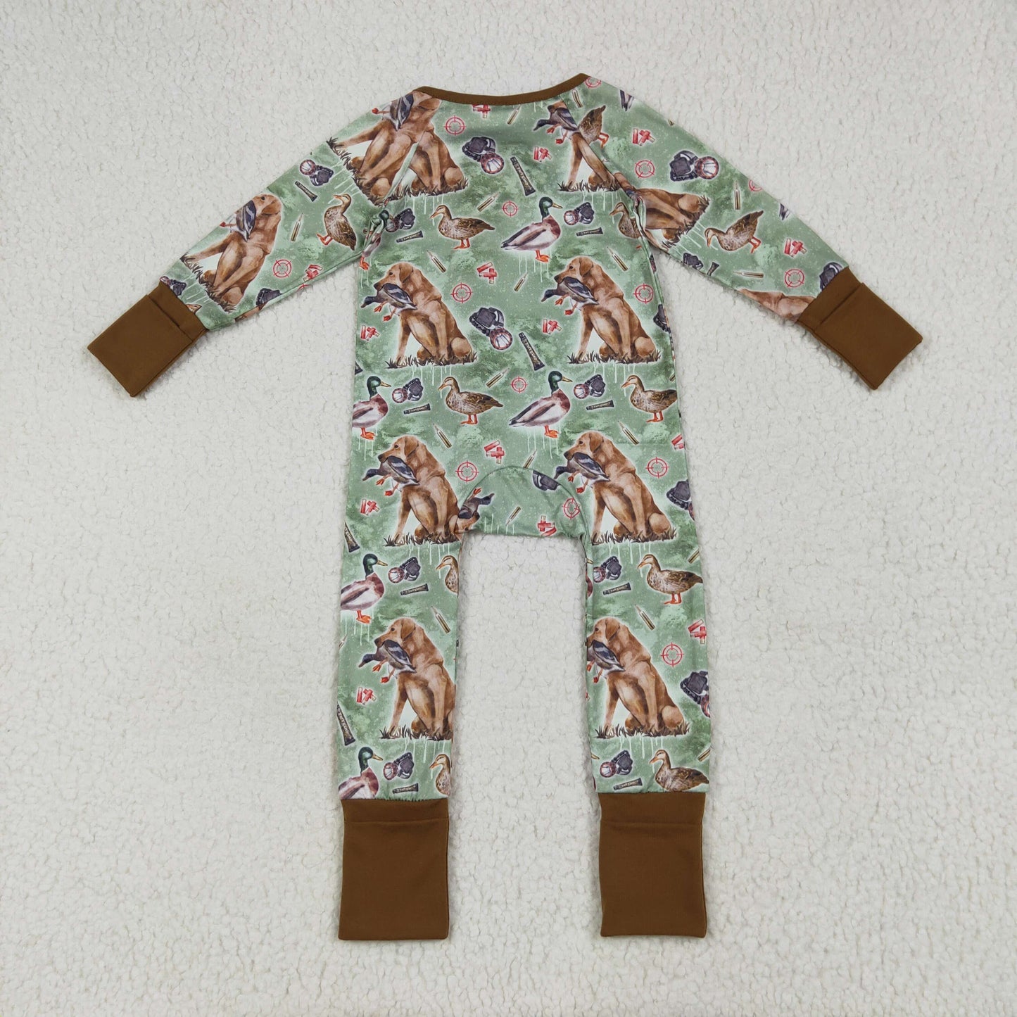 Sibling Baby Boys Green Dogs Ducks Hunting Rompers Pajamas Sets
