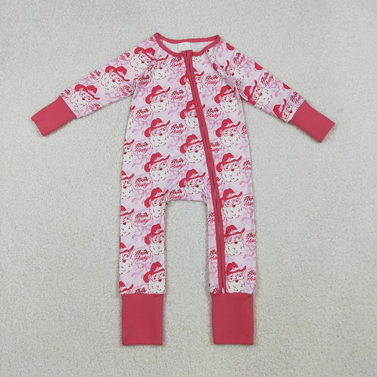 LR2243 Santa Howdy Print Baby Girls Christmas Zipper Sleeper Romper