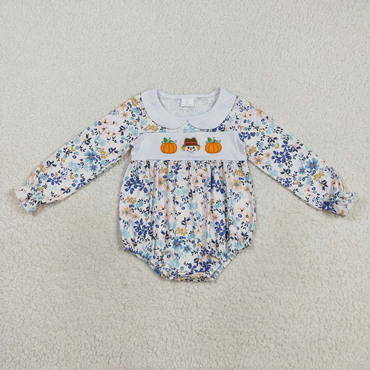 LR2246 Pumpkin Embroidery Flowers Baby Girls Fall Romper