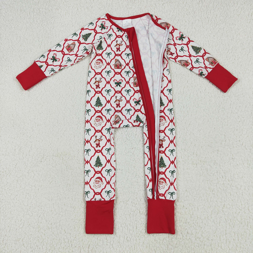 LR2248 Santa Candy Cane Bows Print Baby Girls Christmas Zipper Sleeper Romper