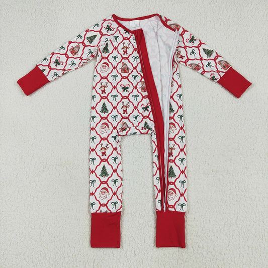 LR2248 Santa Candy Cane Bows Print Baby Girls Christmas Zipper Sleeper Romper