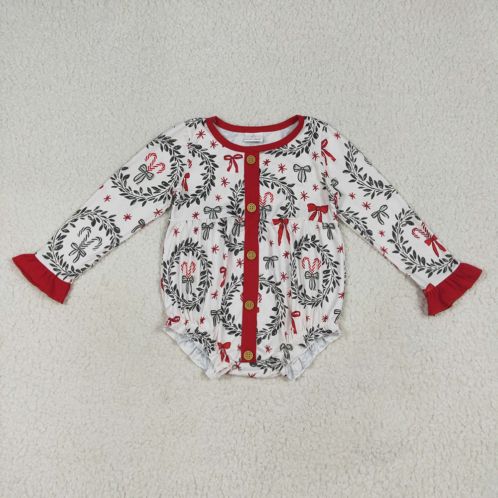 LR2252 Candy Cane Bows Print Baby Girls Christmas Ruffle Romper