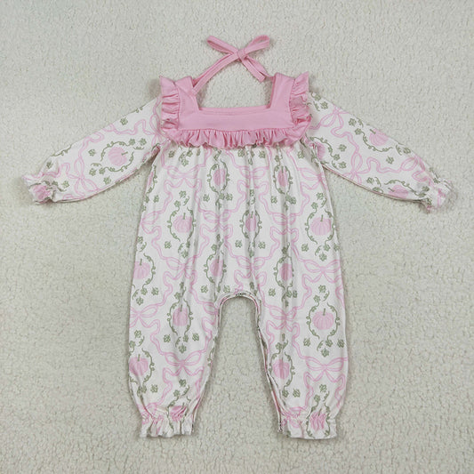 LR2255 Pumpkin Bows Print Baby Girls Fall Romper