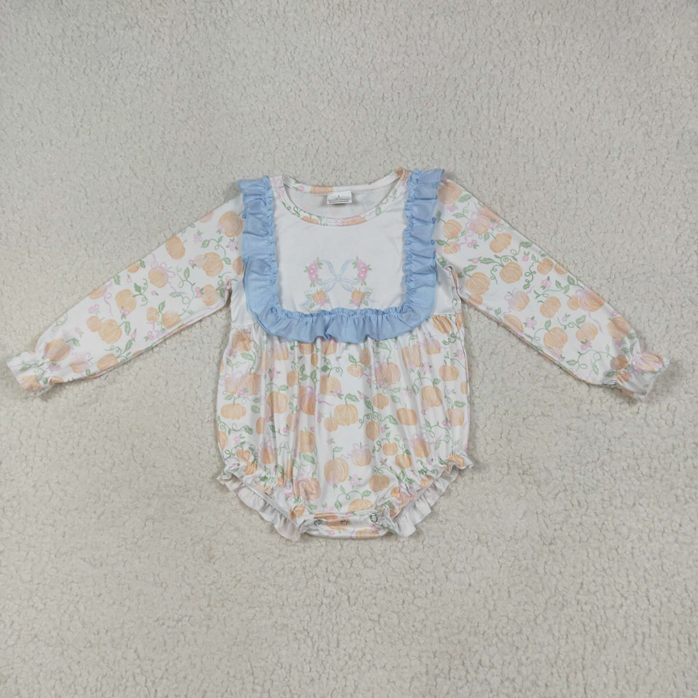 LR2256 Pumpkin Print Baby Girls Fall Romper