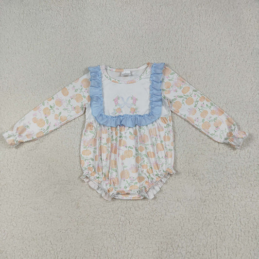 LR2256 Pumpkin Print Baby Girls Fall Romper