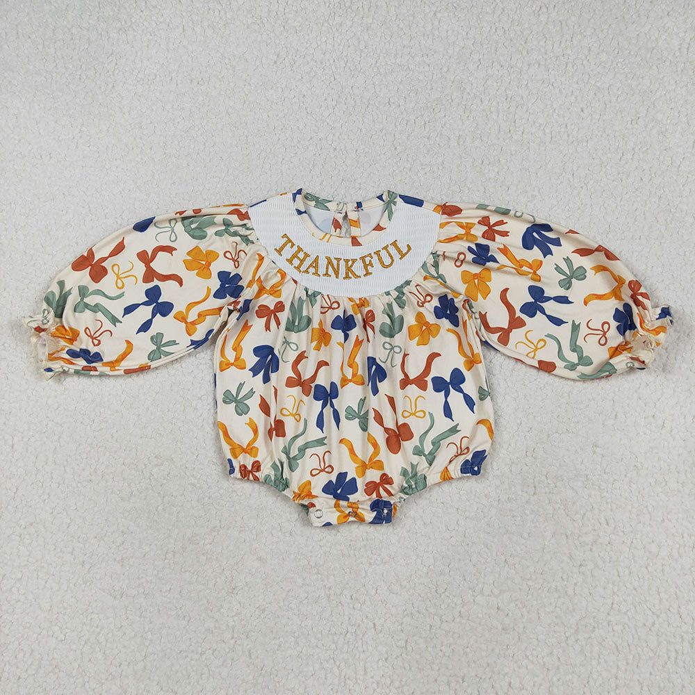 LR2257 Thankful Embroidery Bows Print Baby Girls Thanksgiving Smocked Romper