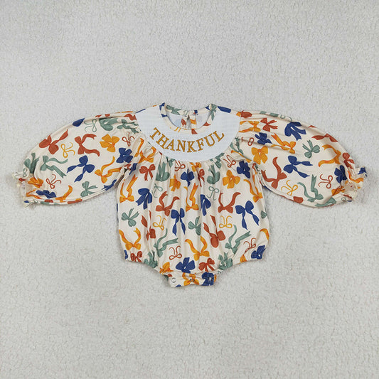 LR2257 Thankful Embroidery Bows Print Baby Girls Thanksgiving Smocked Romper