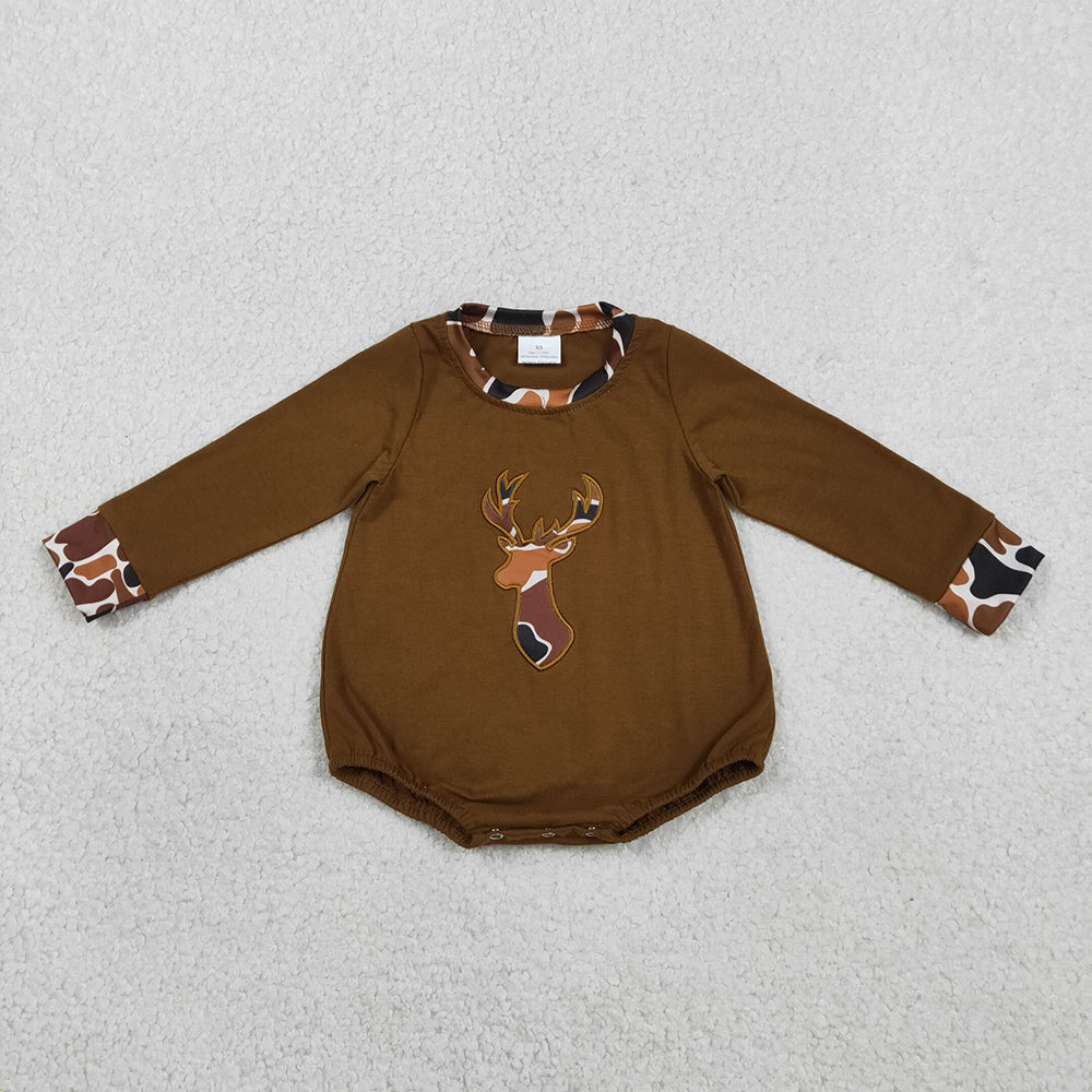 LR2260 Deer Embroidery Brown Camo Print Baby Boys Long Sleeve Romper