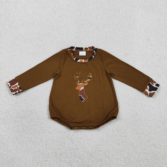 LR2260 Deer Embroidery Brown Camo Print Baby Boys Long Sleeve Romper