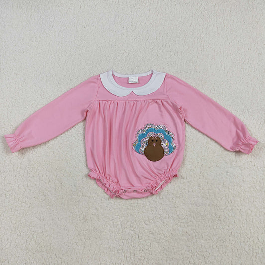 LR2262 Turkey Embroidery Pink Cotton Baby Girls Thanksgiving Romper