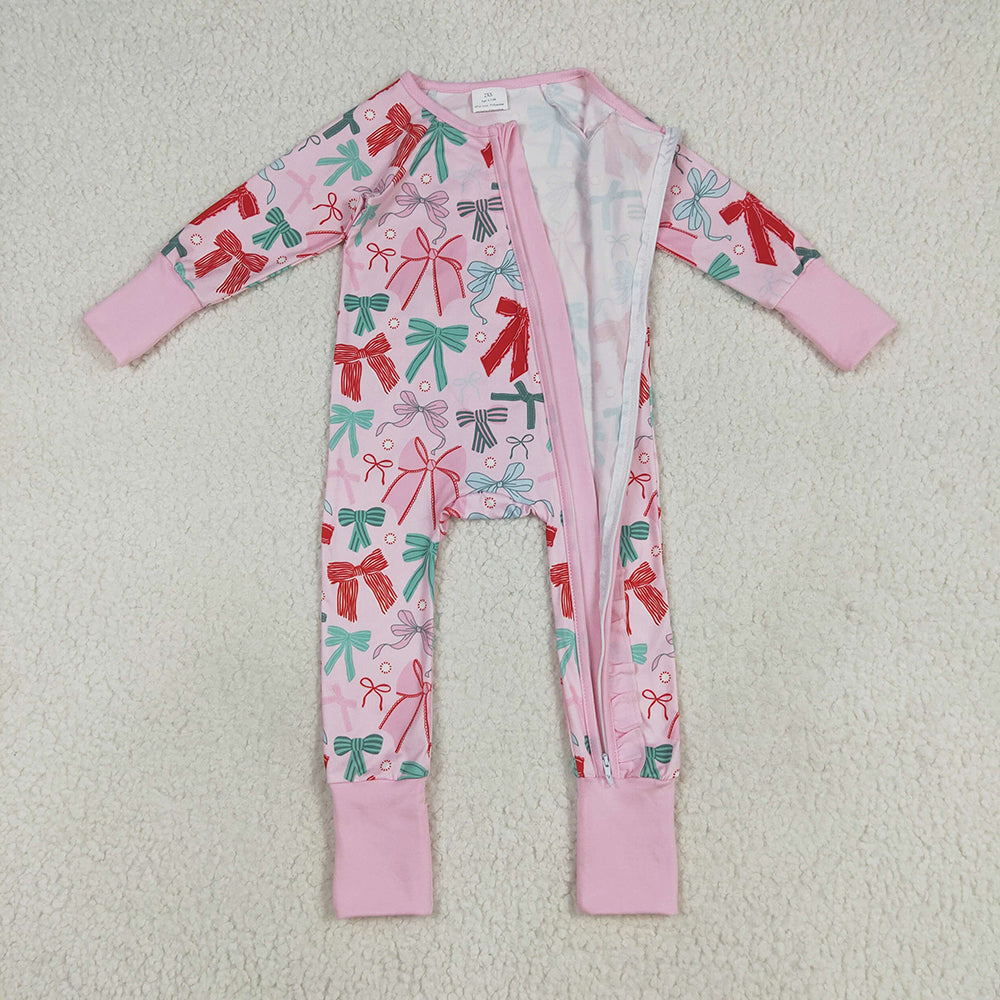 LR2266 Red Green Bows Pink Print Baby Girls Christmas Zipper Sleeper Romper