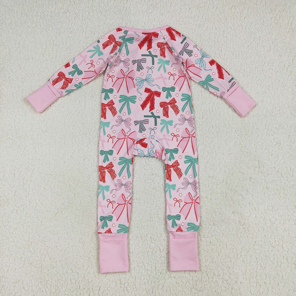 LR2266 Red Green Bows Pink Print Baby Girls Christmas Zipper Sleeper Romper