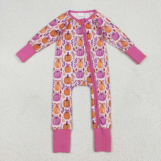 LR2270 Pumpkin Bows Print Baby Girls Fall Zipper Sleeper Romper