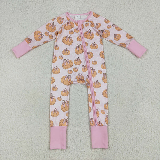 LR2271 Pumpkin Bows Pink Print Baby Girls Fall Zipper Sleeper Romper