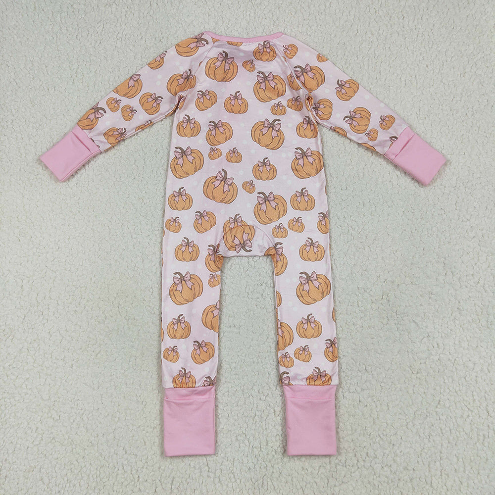 LR2271 Pumpkin Bows Pink Print Baby Girls Fall Zipper Sleeper Romper