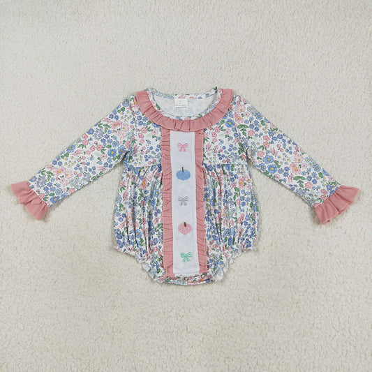 LR2273 Pumpkin Bows Embroidery Flowers Baby Girls Fall Romper
