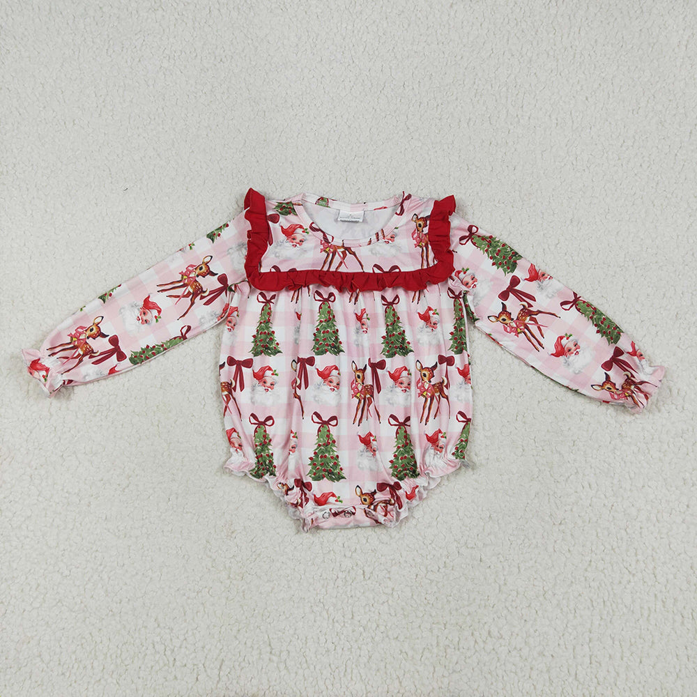 LR2274 Santa Tree Bows Print Baby Girls Christmas Ruffle Romper