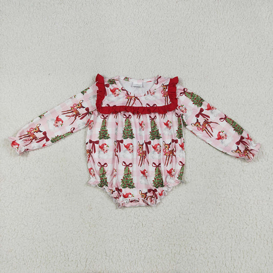 LR2274 Santa Tree Bows Print Baby Girls Christmas Ruffle Romper
