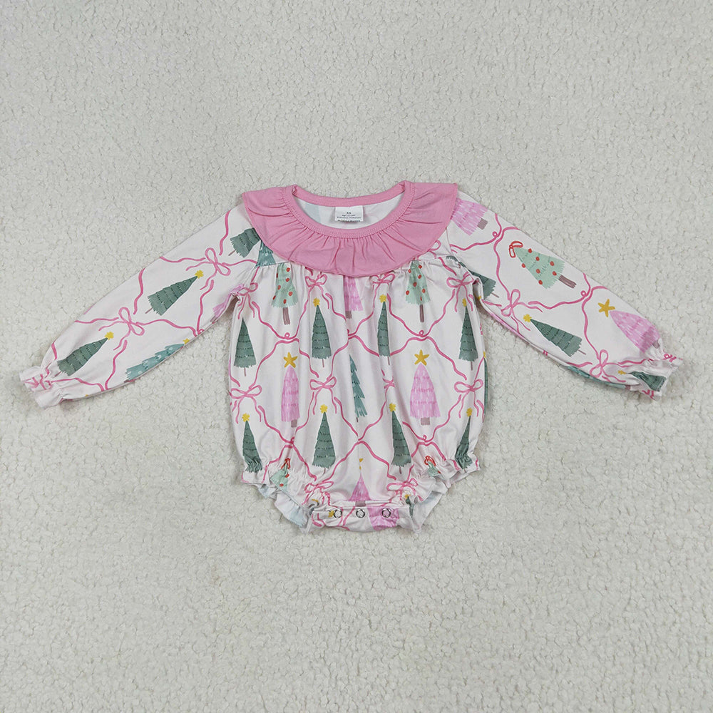 LR2275 Tree Bows Print Baby Girls Christmas Ruffle Romper
