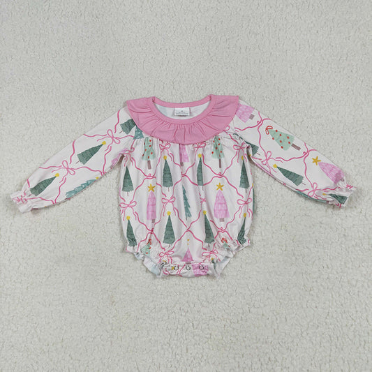 LR2275 Tree Bows Print Baby Girls Christmas Ruffle Romper