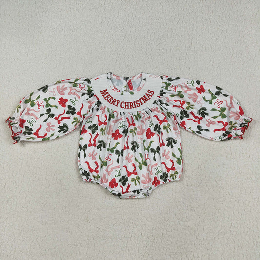 LR2276  Merry Christmas Embroidery Red Green Bows Baby Girls Christmas Bubble Romper