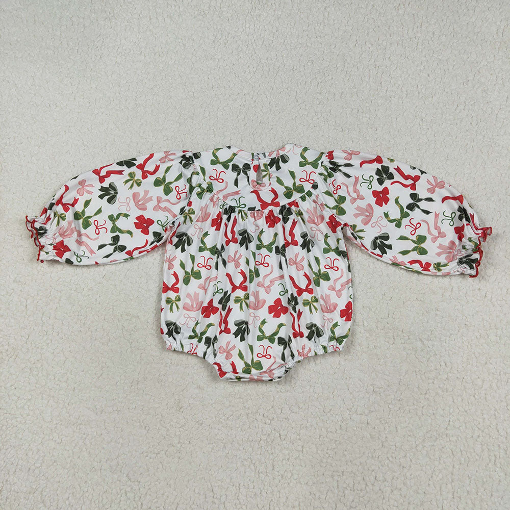 LR2276  Merry Christmas Embroidery Red Green Bows Baby Girls Christmas Bubble Romper