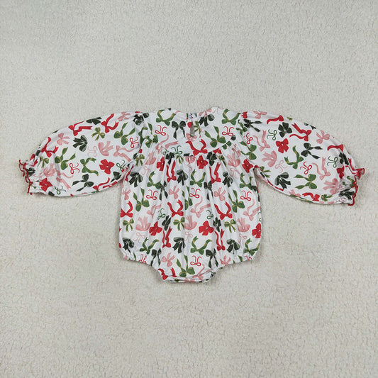 LR2276  Merry Christmas Embroidery Red Green Bows Baby Girls Christmas Bubble Romper