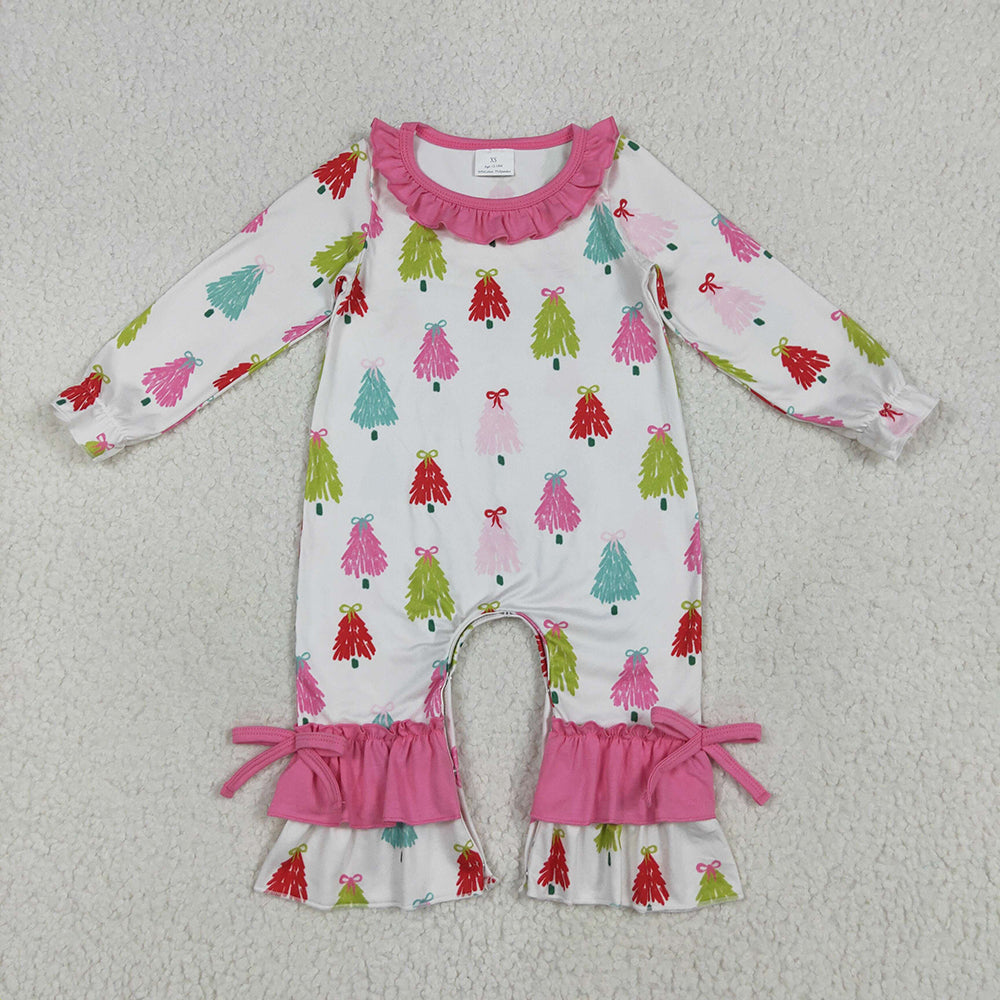 LR2280 Colorful Tree Bows Print Baby Girls Christmas Ruffle Romper
