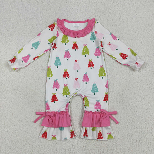 LR2280 Colorful Tree Bows Print Baby Girls Christmas Ruffle Romper