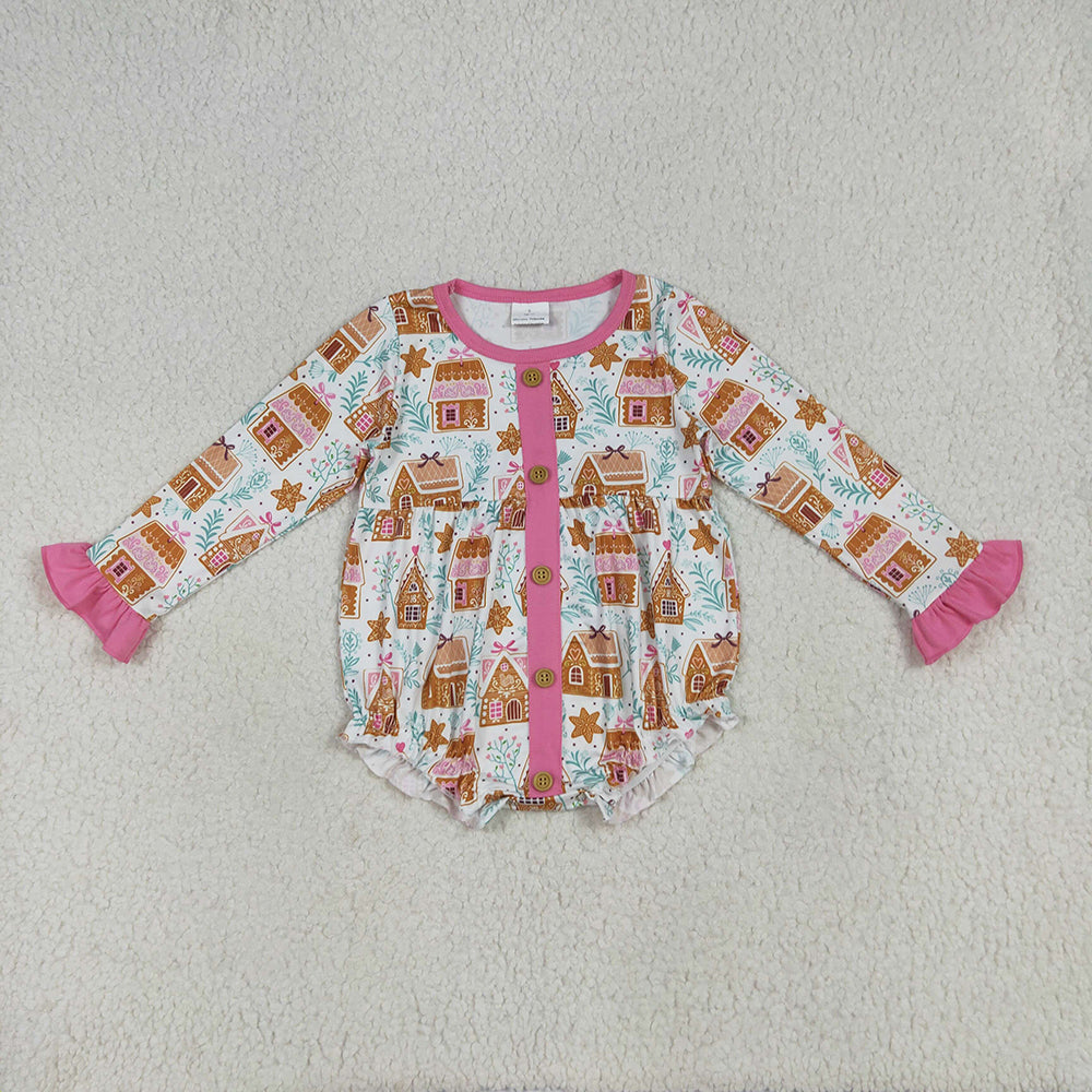 LR2282 Gingerbread Candy House Print Baby Girls Christmas Ruffle Romper