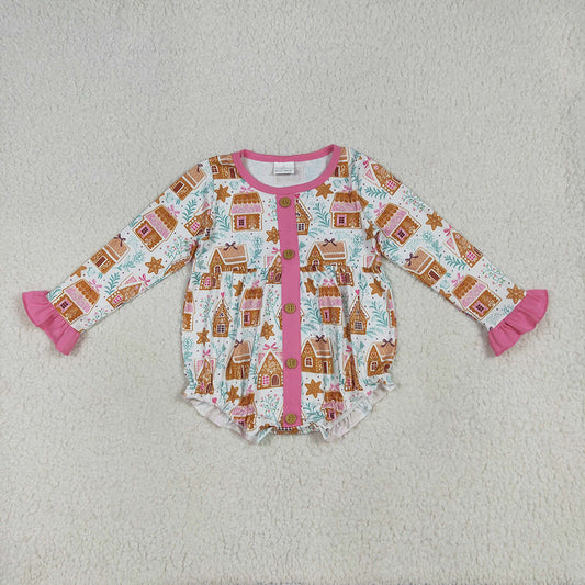 LR2282 Gingerbread Candy House Print Baby Girls Christmas Ruffle Romper