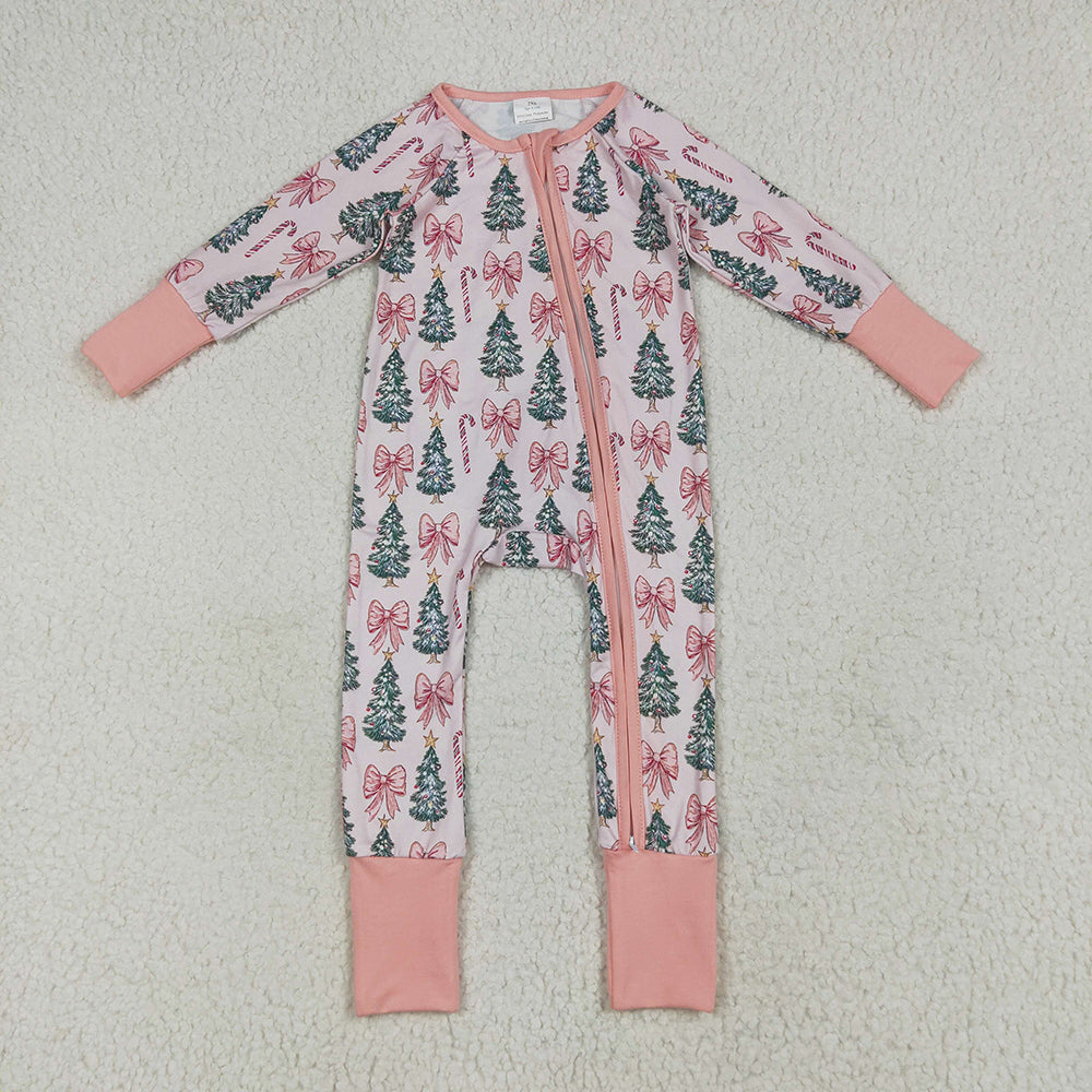LR2283 Tree Candy Cane Bows Print Baby Girls Christmas Zipper Sleeper Romper