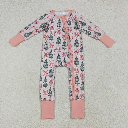 LR2283 Tree Candy Cane Bows Print Baby Girls Christmas Zipper Sleeper Romper