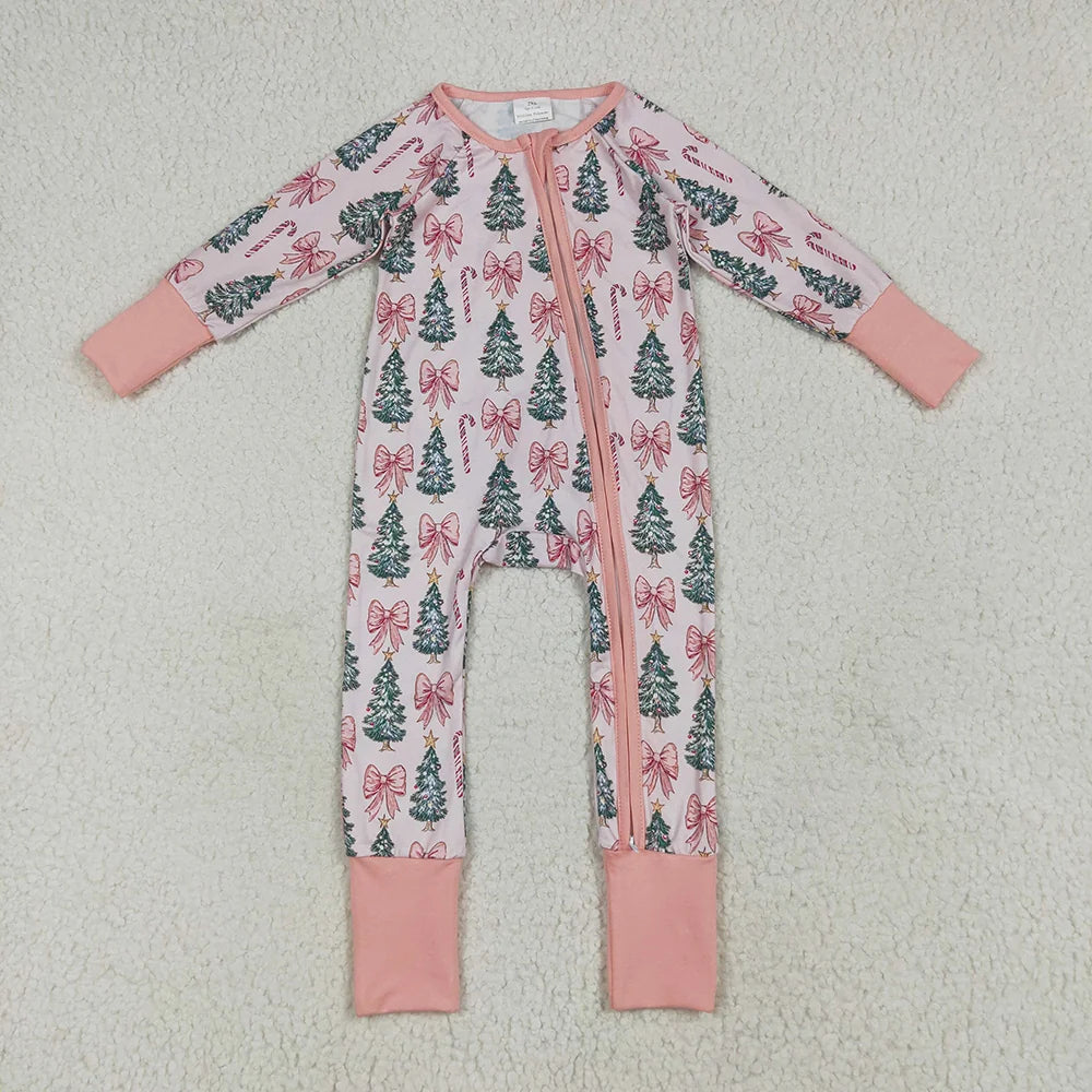 Sibling Baby Girls Pink Christmas Trees Rompers Pajamas Sets