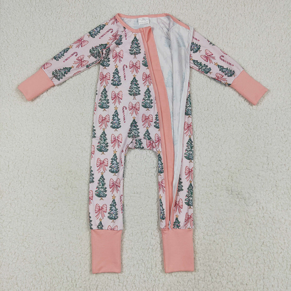 LR2283 Tree Candy Cane Bows Print Baby Girls Christmas Zipper Sleeper Romper