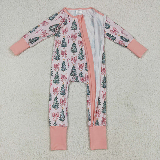 LR2283 Tree Candy Cane Bows Print Baby Girls Christmas Zipper Sleeper Romper