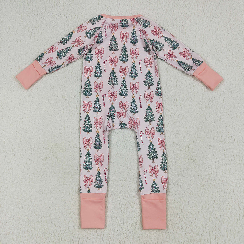 LR2283 Tree Candy Cane Bows Print Baby Girls Christmas Zipper Sleeper Romper