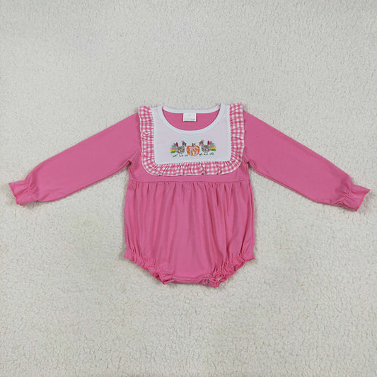 LR2287 Turkey Pumpkin Embroidery Pink Baby Girls Thanksgiving Romper