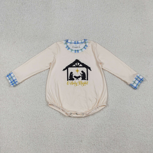LR2292 Nativity Checkered Print Baby Boys Christmas Romper