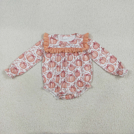 LR2295 Pumpkin Bows Print Baby Girls Fall Romper