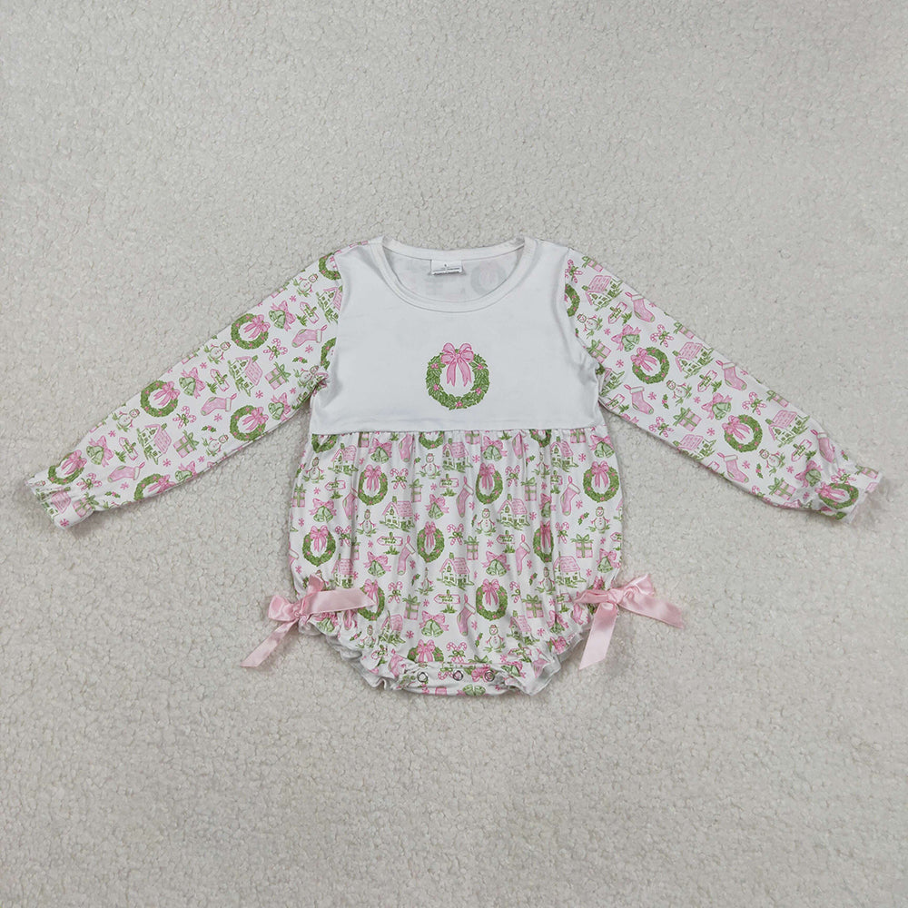 LR2325 Small Town Holly Bows Snowman Print Baby Girls Christmas Romper