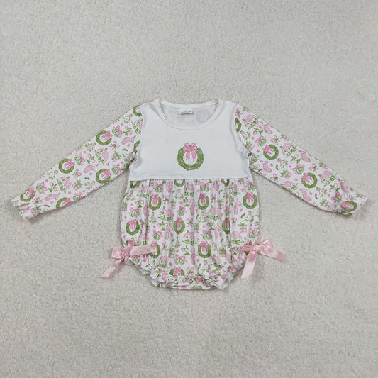 LR2325 Small Town Holly Bows Snowman Print Baby Girls Christmas Romper