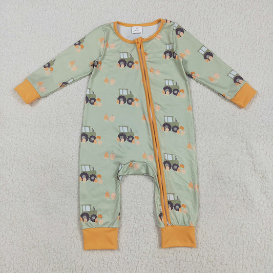 LR2335 Pumpkin Tractor Green Print Baby Boys Fall Zipper Sleeper Romper