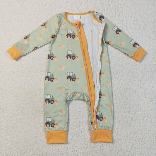 LR2335 Pumpkin Tractor Green Print Baby Boys Fall Zipper Sleeper Romper