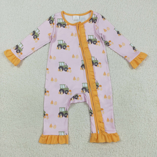 LR2336 Pumpkin Tractor Pink Print Baby Girls Fall Zipper Sleeper Romper