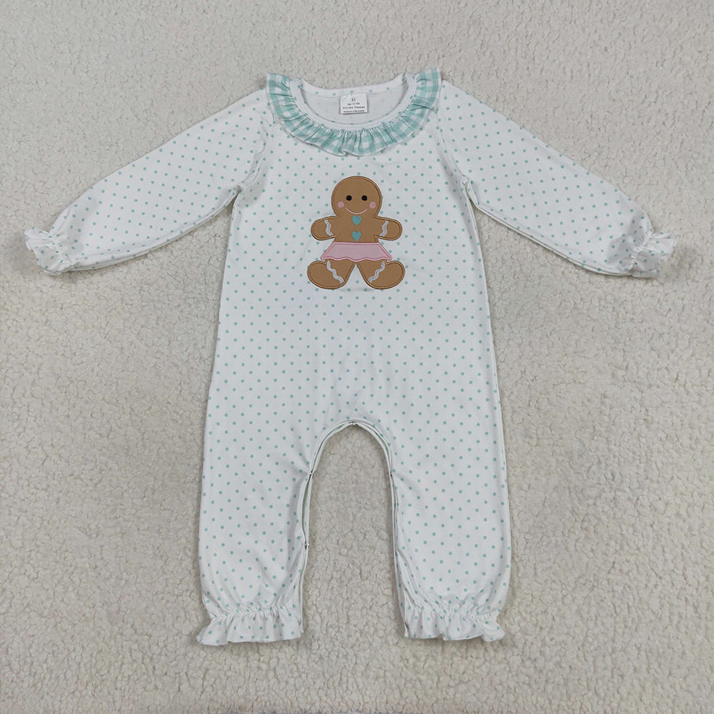 LR2341  Gingerbread Embroidery Dots Baby Girls Christmas Romper