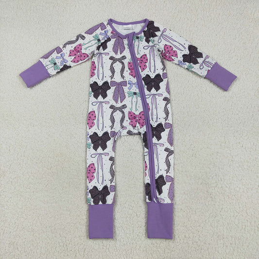 LR2358  Bows Purple Baby Girls Halloween Zipper Sleeper Romper